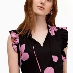 kate spade Black Sleeveless Floral Tie-Neck Top with Pink Blooms